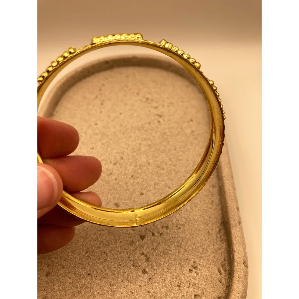 Gold Tone Bangle‎ Bracelet Brutalist Couture Glossy Textured Modernist